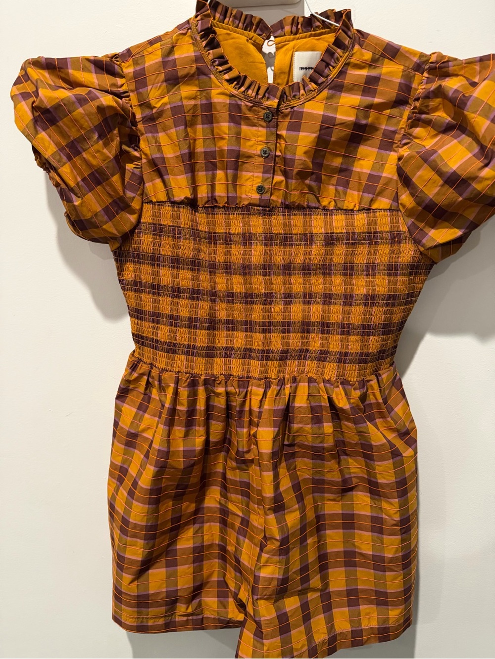MAEVE Anthropologie Puff-Sleeve Smocked Elastic Romper Brown Orange Plaid Sz. L - Picture 2 of 7